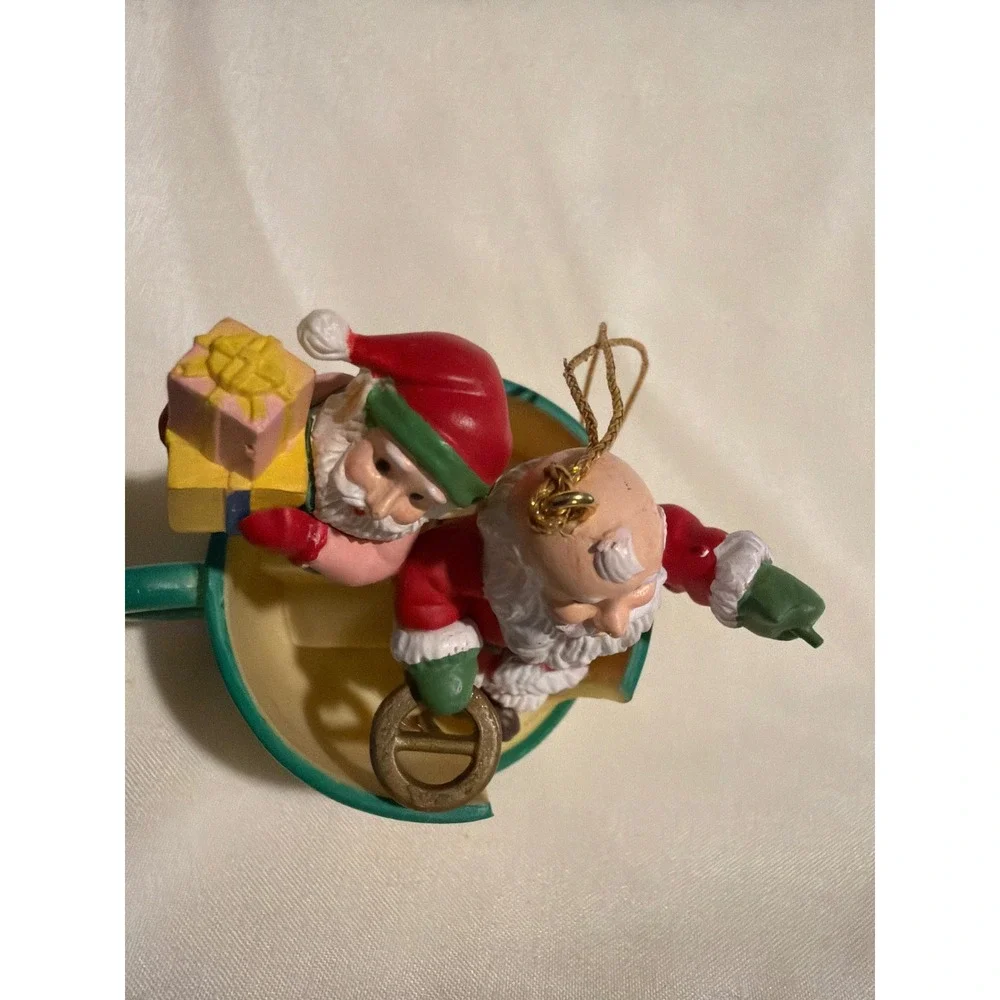 Santa and Elf in Teacup Christmas Ornament Yellow Fleur-de-Lis Holiday Decor